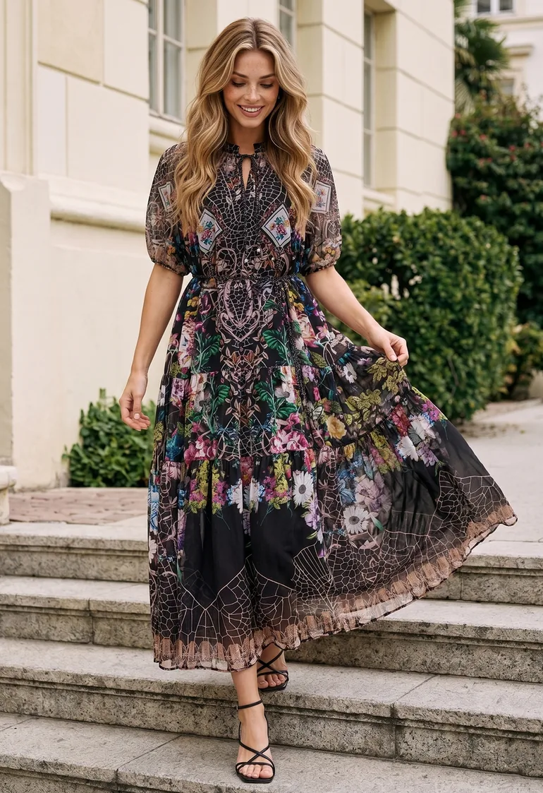black floral flowy dress Tiyomi Plus Size Dress for Curvy Women 3x Long Sleeve Fall Black Floral Maxi Dress V Neck Adjustable Drawstring Dresses Church Wedding Guest Flowy