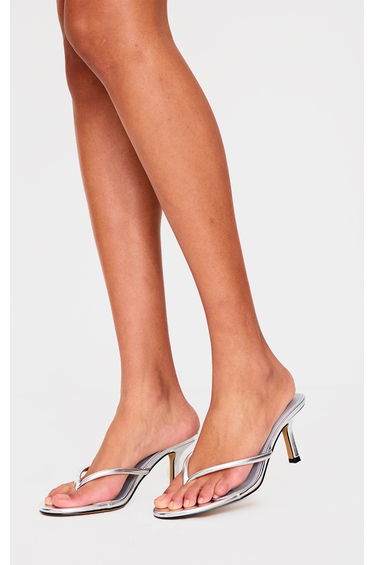 Silver Pu Round Toe Thong Mid Heeled Mules