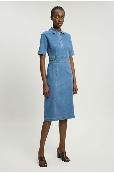 Stretch Denim Snaffle Trim Collared Midi Dress