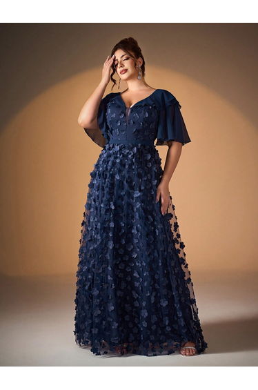 Leely Plus Women's Elegant V Neck Flounce Sleeve Party Dress