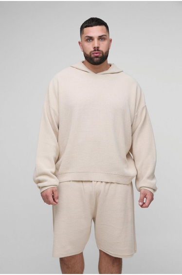 Plus Waffle Knitted Oversized Hoodie & Short Set - stone