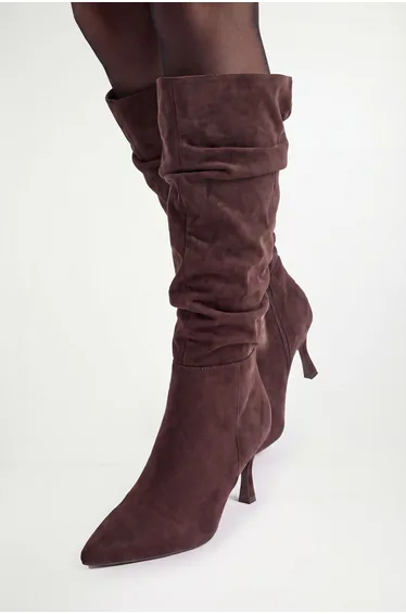 Wide Fit Hibiscus Faux Suede Ruche High Stiletto Heel Knee Boots