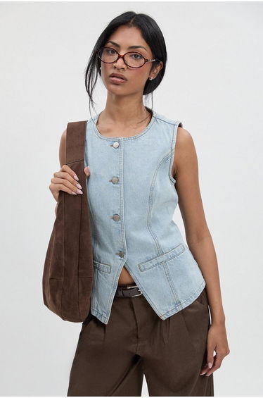 Longline Denim Waistcoat - bleach wash