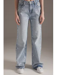 Blue Ribbon/Bow Detailed Stoned Normal Waist Wide Leg Jeans - 2