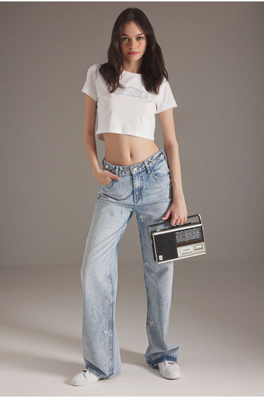 Blue Ribbon/Bow Detailed Stoned Normal Waist Wide Leg Jeans