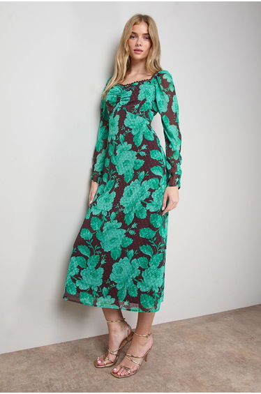Printed Chiffon Shoulder Detail Shirred Back Midi Dress