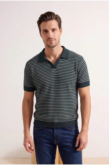 Emerald Green Relaxed Polo Neck Striped Polo Neck T-Shirt