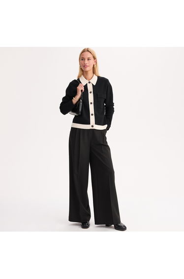 Two-Tone Cotton/Wool Blend Polo Collar Cardigan