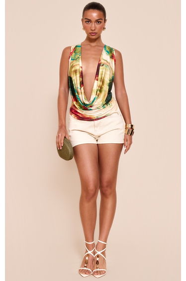 Multi Double Layer Abstract Print Slinky Extreme Cowl Neck Top