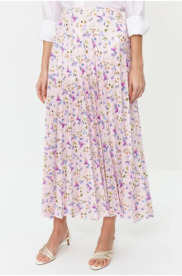 Powder Pleated Skirt Unlined Floral Woven