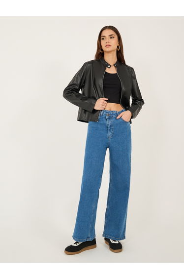 High Rise Asymmetric Waist Straight Leg Jeans