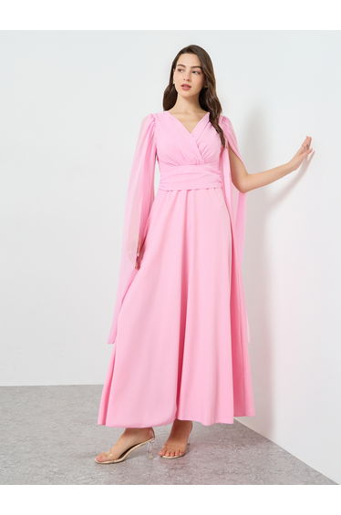Women Pink Crossed Fitted Waist Cape Maxi Dress