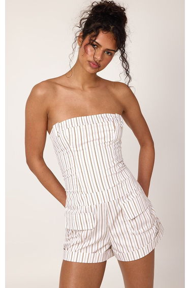 Cream Woven Pinstripe Bandeau Pocket Detail Playsuit