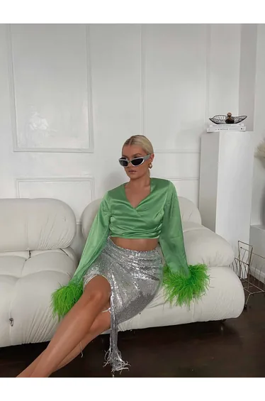 Glamorous Silver Sequin Fringe High Waisted Midi Skirt