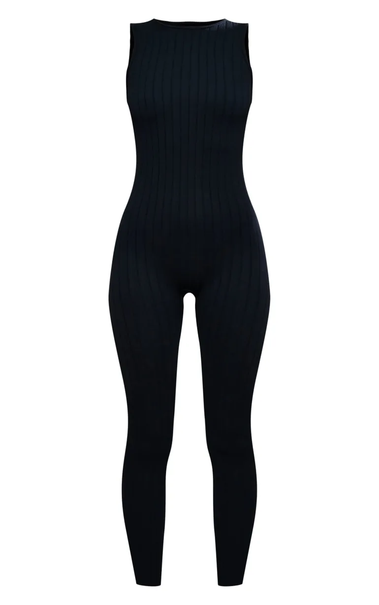 Black Structured Contour Rib Racer Jumpsuit - 4