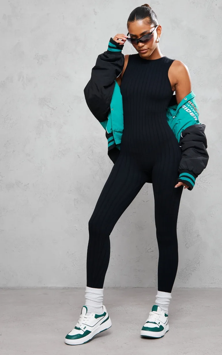 Black Structured Contour Rib Racer Jumpsuit - 2