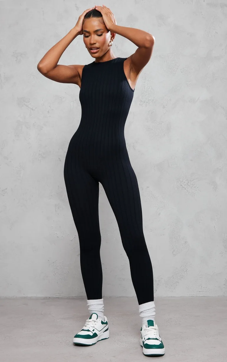 Black Structured Contour Rib Racer Jumpsuit