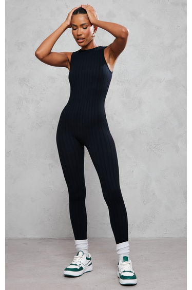 Black Structured Contour Rib Racer Jumpsuit