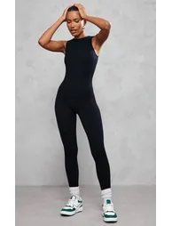 Black Structured Contour Rib Racer Jumpsuit