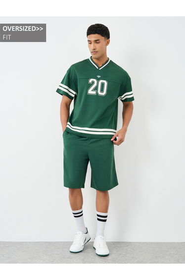 Men Green V Neck Printed Boxy T-Shirt and Oversized Shorts Co-Ords