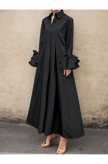 Flared Sleeves Pleated Solid Color Split-Joint Lapel Maxi Dresses Shirt Dress