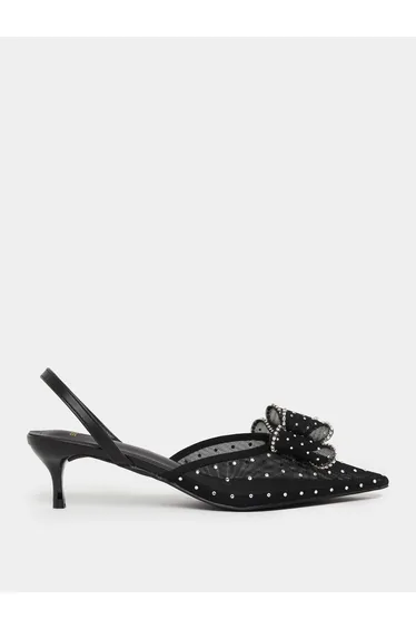 Women Black Embellished Kitten Heels Shoes