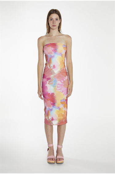 Bodycon Midi Dress - Multi Watercolour Flower