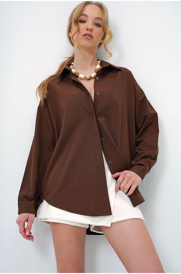 Women's Bitter Coffee Oversize Long Woven Shirt