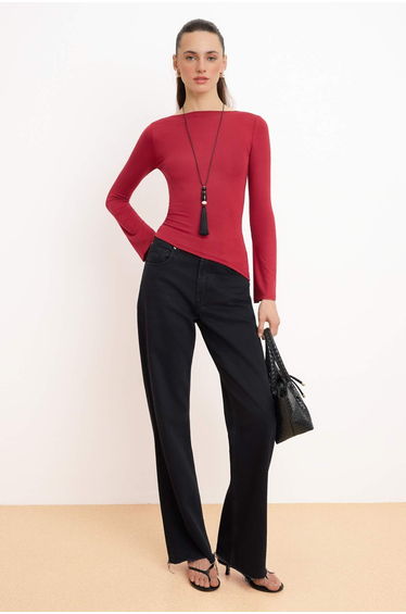 Red Fitted/Bodycon Boat Neck Long Sleeve Soft Knitted Blouse
