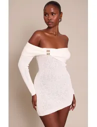 Cream Bardot Trim Detail Knitted Dress
