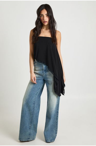 Double Layer Slinky Bandeau Asymmetric Longline Top - black
