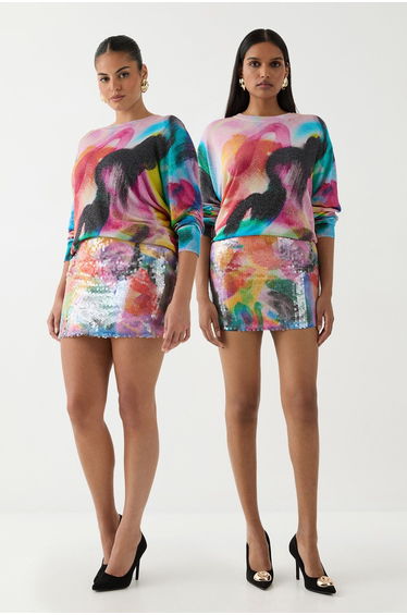 Ashish Sequin Brushstroke Print Mini Skirt