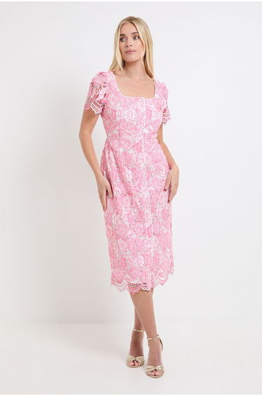 Petite Contrast Lace Button Midi Dress