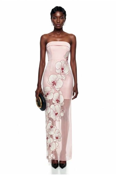 Ondina Pink Semi-Sheer Maxi Dress with Floral Applique