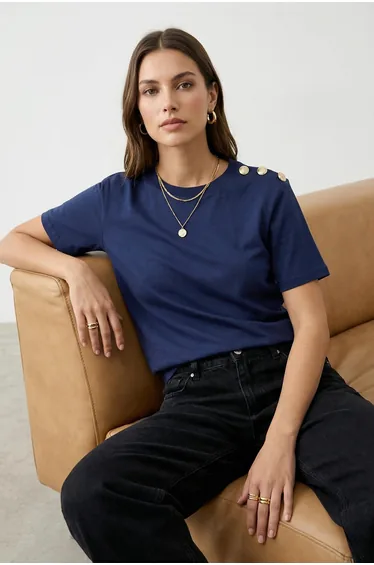 Navy Blue 100% Cotton Gold Button Detail Regular Cut Knitted T-Shirt