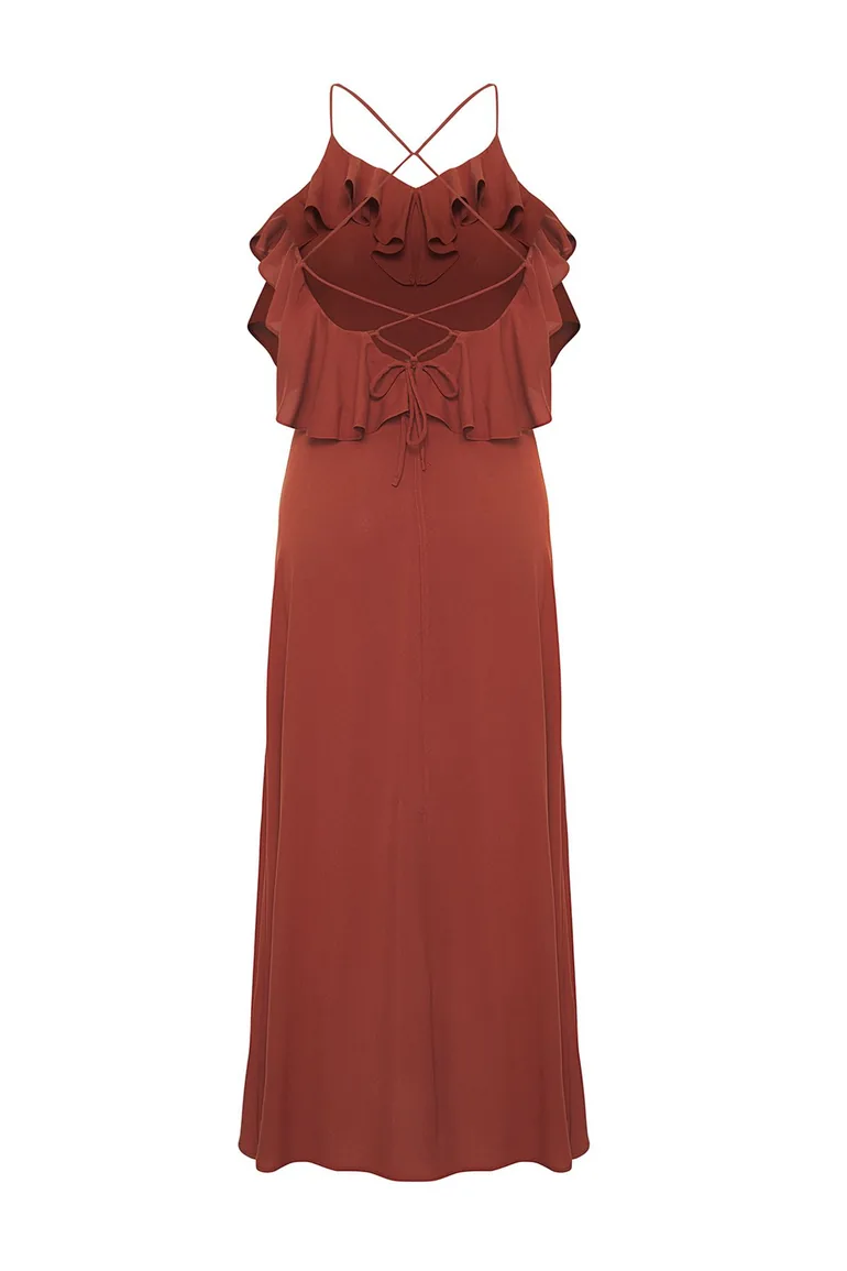 Dark Brown Maxi Woven Backless Beach Dress - 5