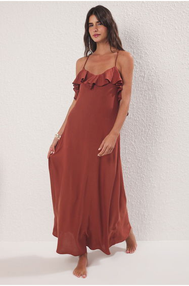 Dark Brown Maxi Woven Backless Beach Dress