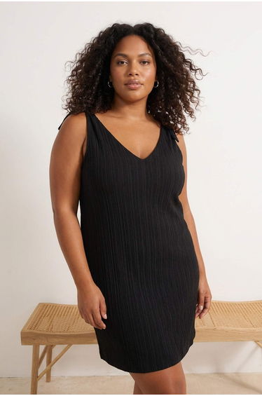 Beachwear Black Bow Detail Crinkle Textured Fabric Dress