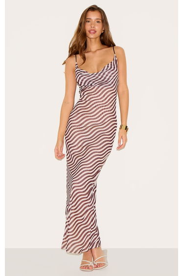Stone Mesh Asymmetric Strappy Stripe Dress