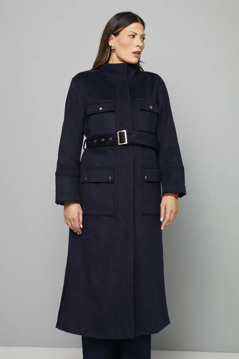 Button Down Military Belted Collar Coat - 1
