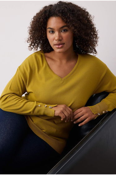 Khaki V-Neck Button Detailed Knitwear Sweater