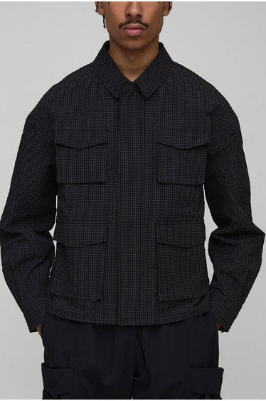Oversized Check Ripstop Cargo Overshirt - black