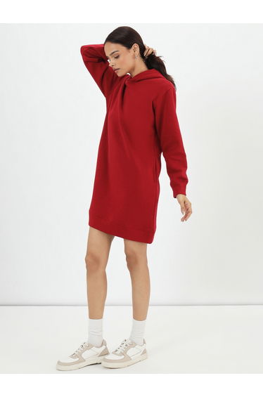 Red Fleece Hooded Mini Sweatshirt Dress