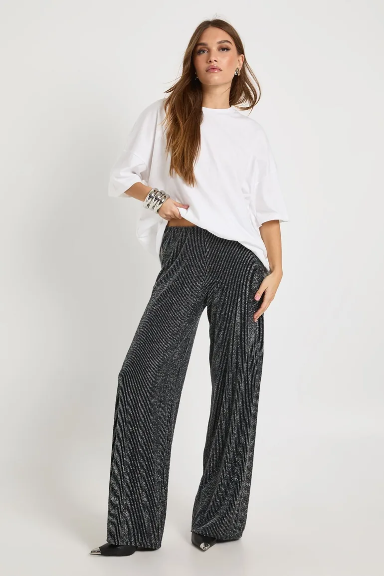 Glitter Rib Wide Leg Trouser With Drawcord - black - 2