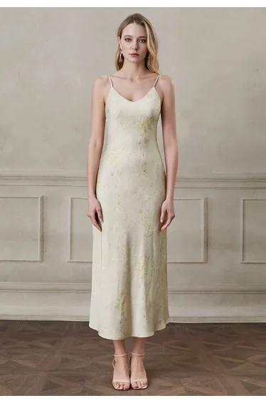 Watercolor Floral Texture Satin Cami Dress in Light Green