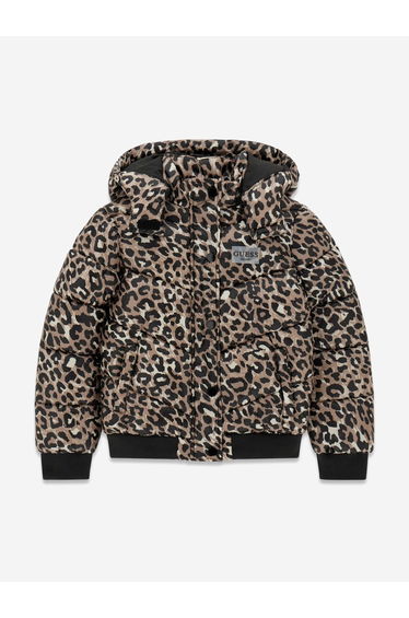 Guess Girls Leopard Print Hooded Puffer Jacket in Brown