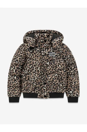 Guess Girls Leopard Print Hooded Puffer Jacket in Brown