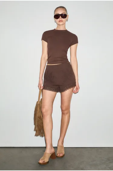 GRIMELANGE GLOOM Women's Soft and Stretchy Fabric Crew Neck Crop Brown T-Shirt