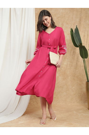 Women Pink Bishop Sleeves Embroidered Midi Dress
