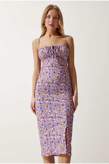 Women's Lilac Orange Floral Slit Summer Knitted Dress
